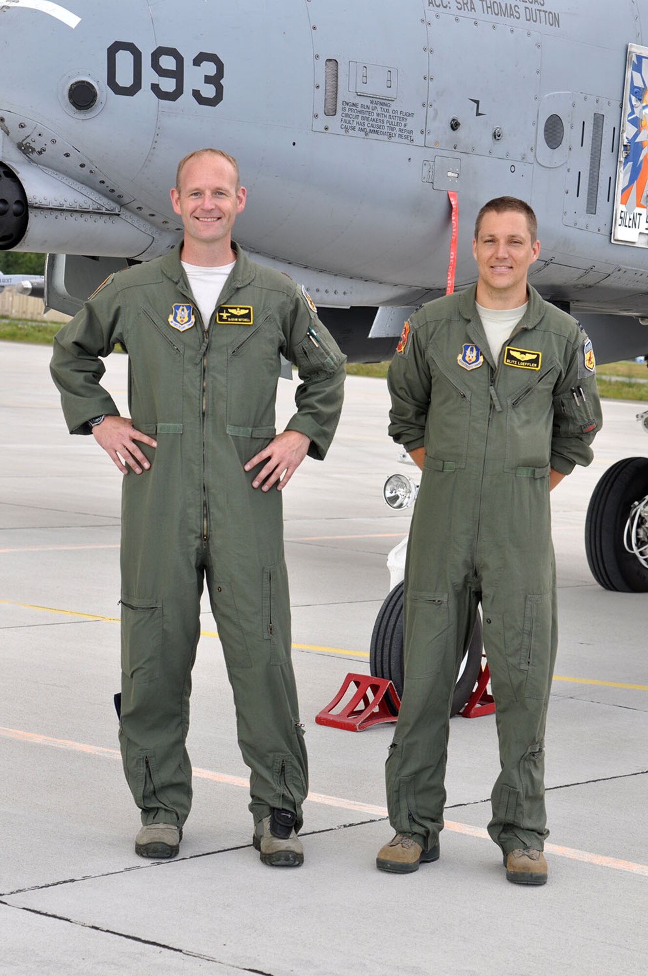 Maj. Rick Mitchell and Capt. Sven Loeffler, both A-10 Thunderbolt II pilots with the 303d Fighter Squadron, 442d Fighter Wing out of Whiteman Air Force Base, Mo., made history Aug. 26 at Leilvarde Air Base in Latvia being the first U.S. fighter pilots to land a jet at the airfield.  The mission is part of Operation Atlantic Resolve where U.S. forces are partnering with European allies to meet possible future challenges. (U.S. Air Force photo by Capt. Denise Haeussler)