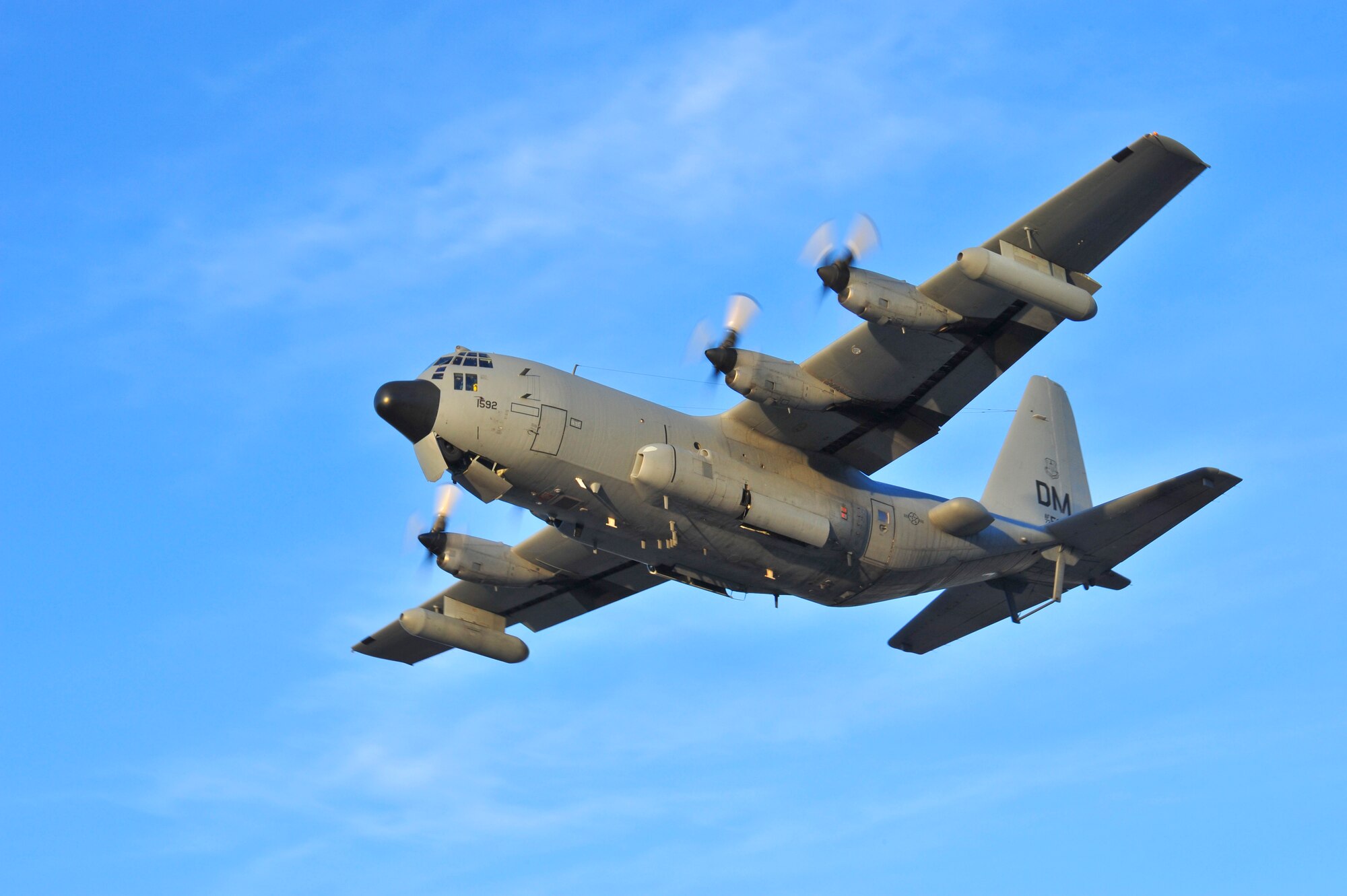 An EC-130H Compass Call from the 43rd Electronic Combat Squadron, takes off from the flightline at Davis-Monthan Air Force Base, Ariz., Feb. 14th, 2015. The EC-130H Compass Call carried part of the 596 short tons of cargo that deployed since the beginning of 2015, this was the largest movement of cargo to date from D-M. (U.S. Air Force photo by Senior Airman Chris Massey/ Released)
