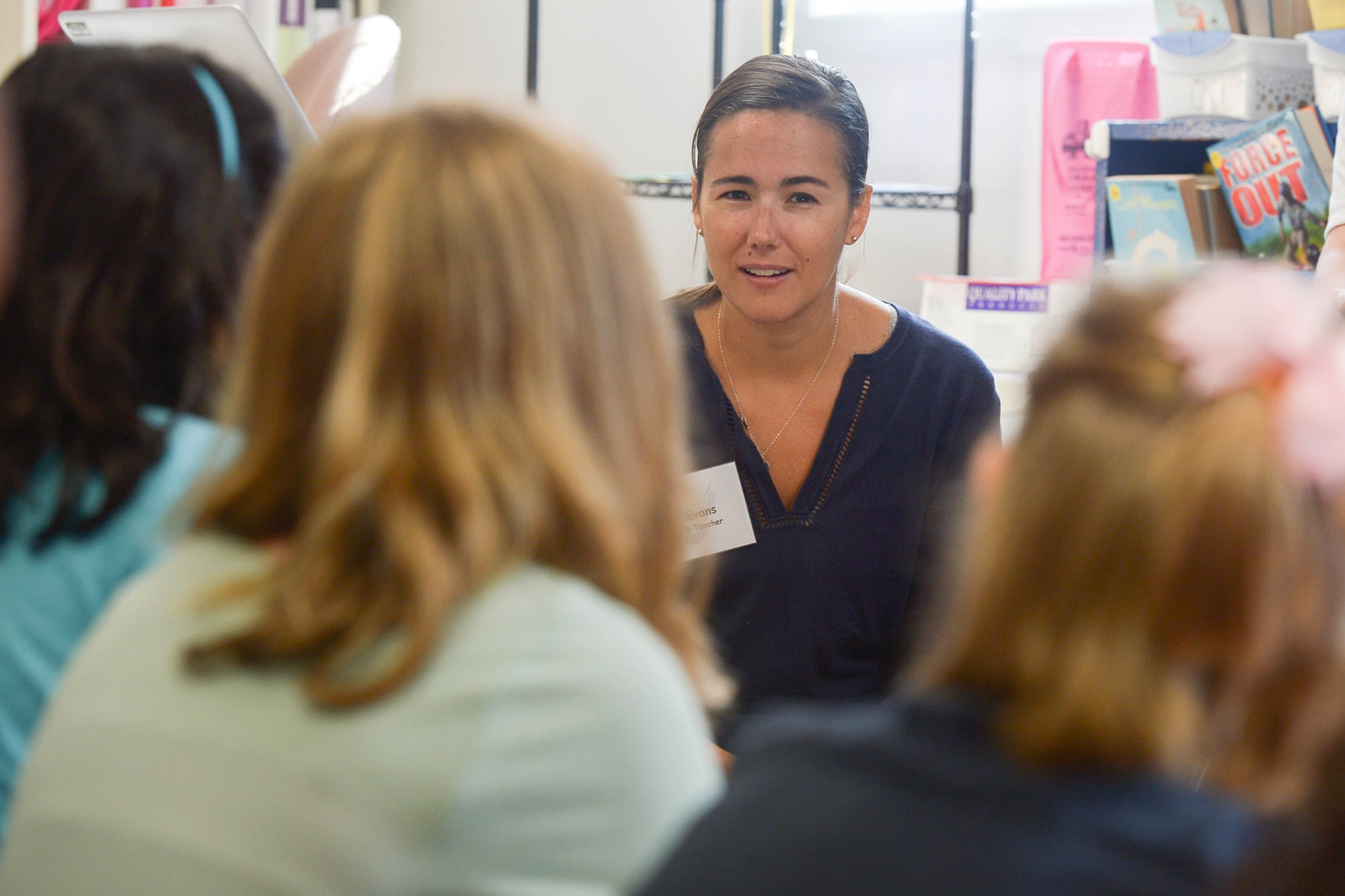 Claire Evans, a Hanscom Middle School fifth grade teacher, talks to her students on the first day of school at HMS Aug. 31. For up to date information throughout the school year for the Hanscom Primary and Middle schools as well as Bedford High School, visit www.Hanscom.af.mil. (U.S. Air Force photo by Jerry Saslav)