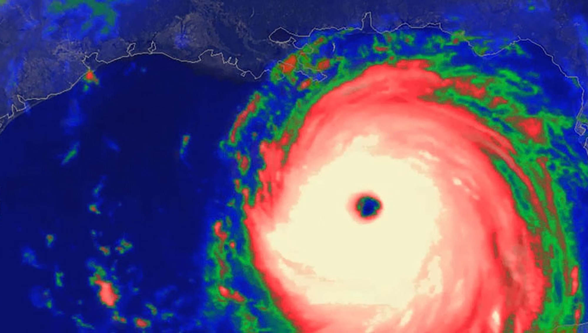 The most infamous storm in U.S. history, Hurricane Katrina carved a path of destruction from Miami to New Orleans, and up the Eastern United States. The storm reached a maximum intensity of Category 5 status, with 175 mph sustained winds. Hurricane Katrina made landfall in the morning of August 29, 2005. This infrared satellite imagery shows the storm’s intensity: white is the most intense, followed by red, green, and blue. (Image courtesy of NOAA) 
