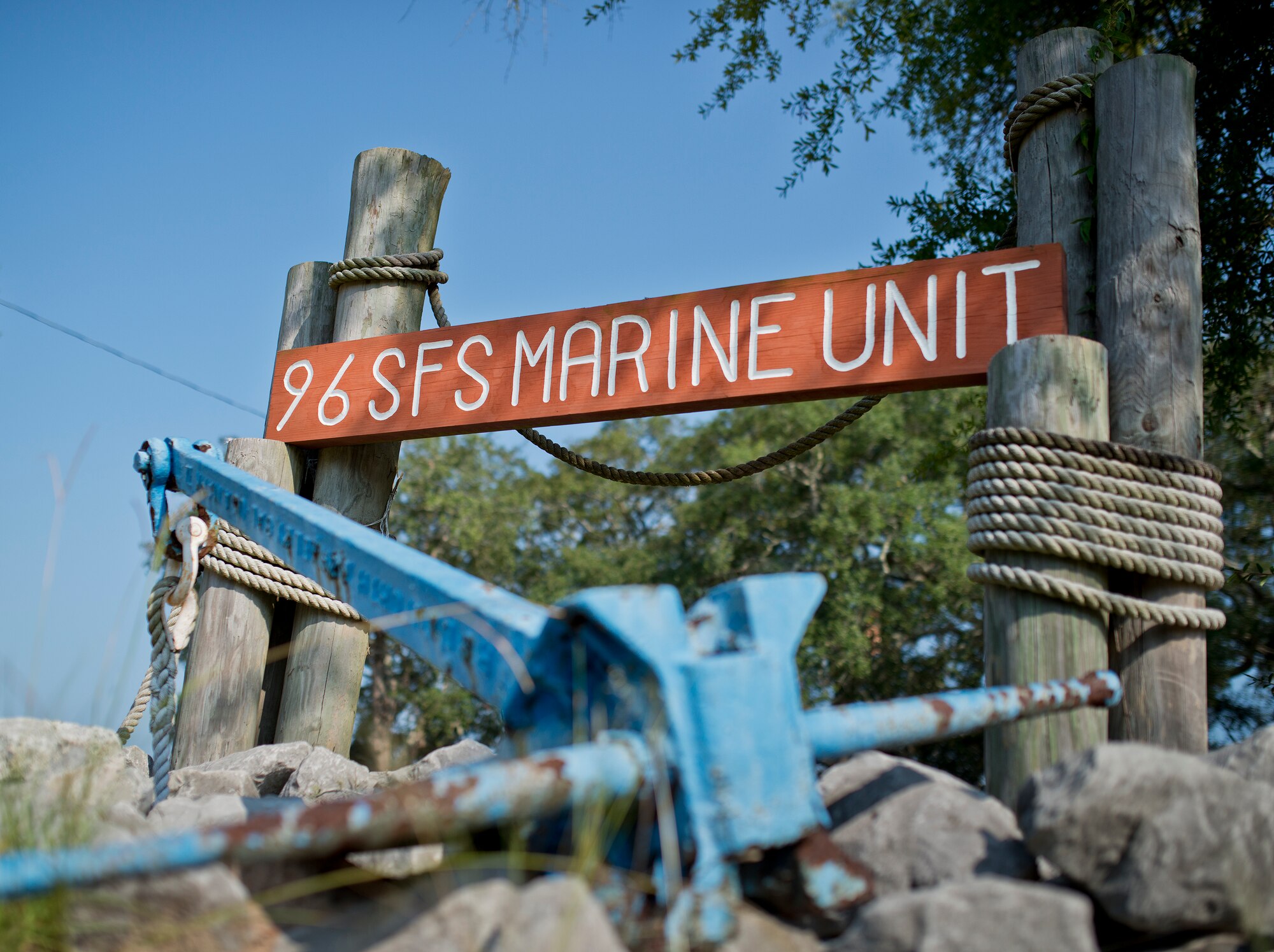 A sign stands in front of the docks leading to the 96th Security Forces Squadron’s patrol boat Aug. 25 at Eglin Air Force Base, Fla.  Recently, a group of defenders became qualified to operate the boat through Coast Guard certification.  They are responsible for monitoring and security of Eglin’s 153 miles of coastline.  (U.S. Air Force photo/Samuel King Jr.)