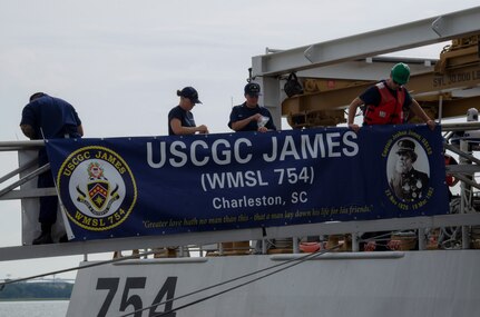 The United States Coast Guard Cutter James, the second National Security Cutter for the East Coast, arrived Aug. 28, 2015 in its homeport in Charleston, S.C. Following commissioning events in Boston Aug. 8, the James logged more than 10,000 miles, completed underway certification and made port calls to New York City, Halifax, Nova Scotia, and Baltimore; all during the 48 days after leaving the Ingalls Shipbuilding facility in Pascagoula, Mississippi. (U.S. Air Force photo/Staff Sgt. AJ Hyatt)