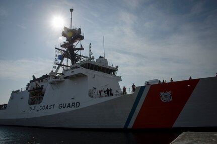 The United States Coast Guard Cutter James, the second National Security Cutter for the East Coast, arrived Aug. 28, 2015 in its homeport in Charleston, S.C.  The James is the fifth NSC built out of eight planned for the Legend class cutter fleet. Legend-class NSC’s are the largest multipurpose cutters in the Coast Guard fleet and are replacing the 378-foot high endurance cutter, which has been in service since the 1960s. The NSC is 418 feet long, has a top speed of approximately 28 knots and a range of about 12,000 nautical miles. It is capable of patrolling for more than 90 days. (U.S. Air Force photo/Staff Sgt. AJ Hyatt)