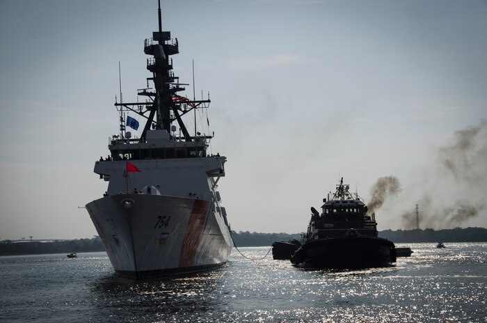 The United States Coast Guard Cutter James, the second National Security Cutter for the East Coast, transits to its homeport in Charleston, S.C., August 28, 2015. The James is the fifth NSC built out of eight planned for the Legend class cutter fleet. The ship’s namesake, Capt. Joshua James, a native of Hull, Massachusetts, is credited with saving more than 600 lives during his time with the U.S. Life-Saving Service, which merged with the Revenue Cutter Service in 1915 to create the modern U.S. Coast Guard. The James links today’s crew with the renowned lifesavers of the past. (U.S. Air Force photo/Staff Sgt. AJ Hyatt)