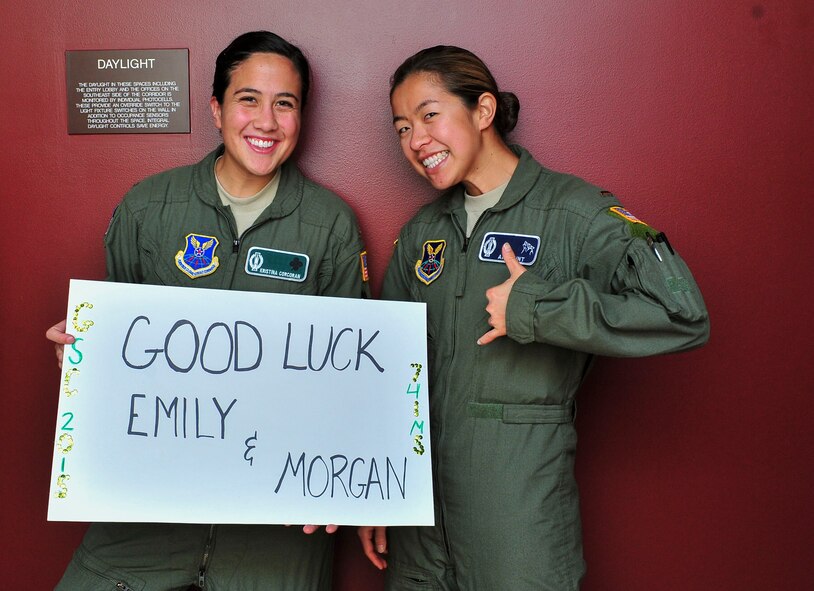 (left) 2nd Lt. Kristina Corcoran, and 2nd Lt. Amy Hunt (right), 91st Missile Wing deputy missile combat crew commanders, pose for a photograph at Minot Air Force Base, N.D., Aug. 24, 2015. Corcoran and Hunt were at the missile wing headquarters to support their fellow Airmen who were participating in the Air Force Global Strike Command Global Strike Challenge Competition. (U.S. Air Force photo/Senior Airman Stephanie Morris)
