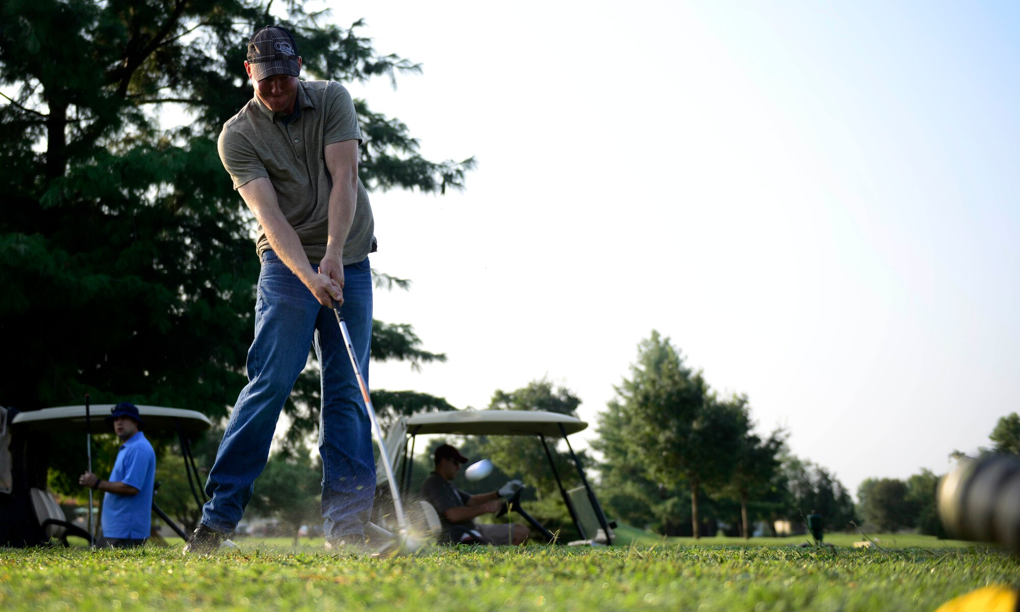 Michael Brockett tees off during the annual Adam K. Ginett EOD Warrior Foundation Golf Tournament and Auction, Aug. 28, 2015, at Aviano Air Base, Italy. The more than $12,000 from the tournament, auction and raffles went to the EOD Warrior Foundation. (U.S. Air Force photo by Senior Airman Areca T. Wilson/Released)