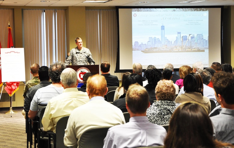 U.S. Army Corps of Engineers New York District Commander Col. David A. Caldwell delivers an address during a ceremony November 24 honoring his unit with the Army Superior Unit Award for excellence in recovery and restoration efforts after Hurricane Sandy caused severe damage to New York and New Jersey in fall 2012.