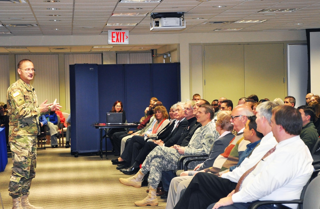U.S. Army Corps of Engineers North Atlantic Division Commander Brig. Gen. William H. Graham speaks to employees at the New York District receiving the Army Superior Unit Award for meritorious service in restoration efforts after Hurricane Sandy caused widespread damage to New York and New Jersey in fall 2012.