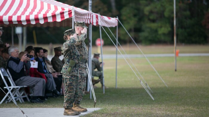 Lt. Col. David Morris (right) and Lt. Col. Lauren Edwards (left) review the battalion during the 8th Engineer Support Battalion change of command ceremony at Camp Lejeune, N.C., Nov. 30, 2015. Edwards took command of the battalion from Morris. Edwards’ new responsibility, as the first female commander of an ESB, will be to provide engineer support to II Marine Expeditionary Forces. 