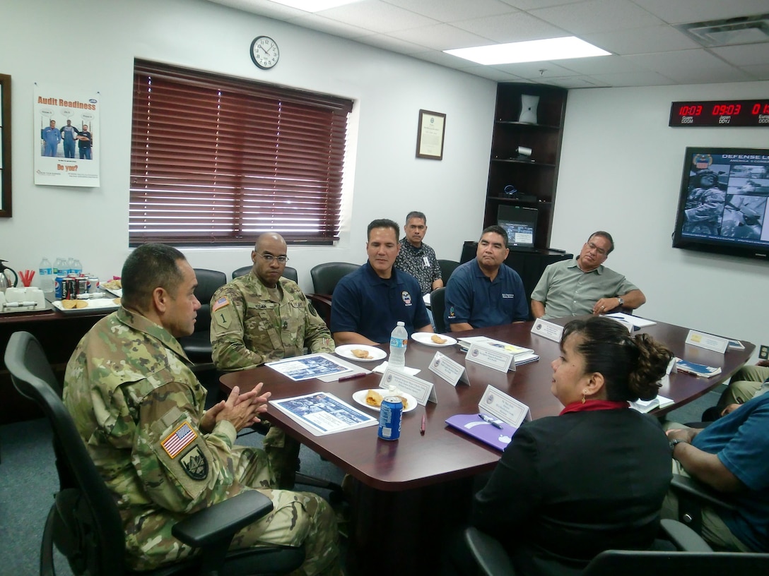 Army Command Sgt. Maj. Charles Tobin, DLA’s senior enlisted advisor, talks with employees at DLA Distribution Guam, Marianas.