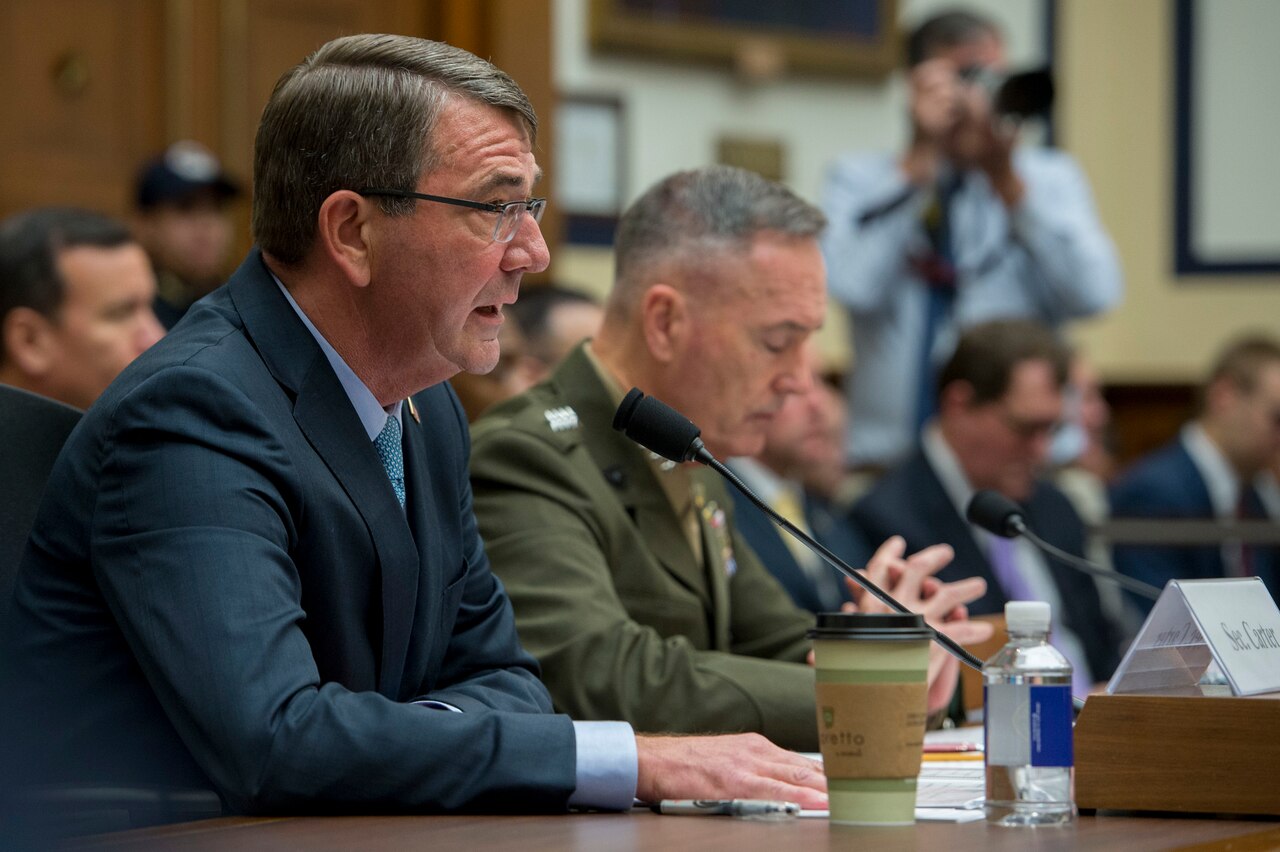Defense Secretary Ash Carter, foreground, and Marine Corps Gen. Joseph F. Dunford Jr., chairman of the Joint Chiefs of Staff, testify before the House Armed Services Committee about U.S. strategy for Syria and Iraq in Washington, D.C., Dec. 1, 2015. DoD photo by Air Force Senior Master Sgt. Adrian Cadiz