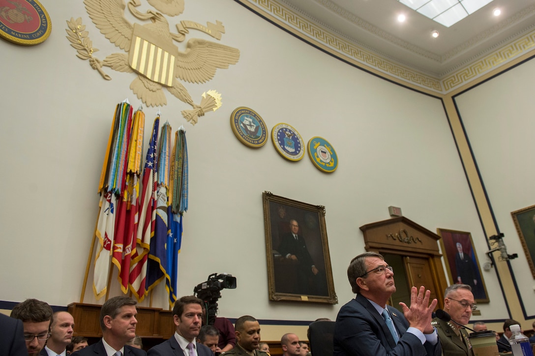 Defense Secretary Ash Carter and Marine Corps Gen. Joseph Dunford, chairman of the Joint Chiefs of Staff, testify before the House Armed Services Committee in Washington, D.C., Dec. 1, 2015. DoD photo by Air Force Senior Master Sgt. Adrian Cadiz