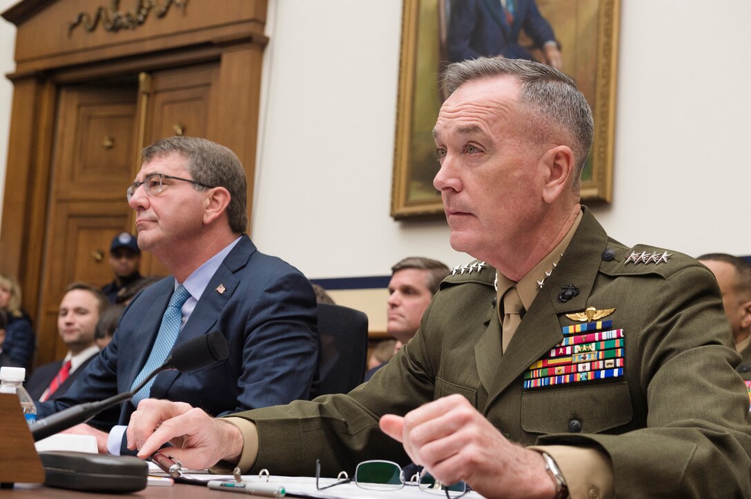Defense Secretary Ash Carter, left, and Marine Corps Gen. Joseph F. Dunford Jr., chairman of the Joint Chiefs of Staff, testify at a House Armed Services Committee hearing in Washington, D.C., Dec. 1, 2015. DoD photo by Staff Sgt. Sean Harp