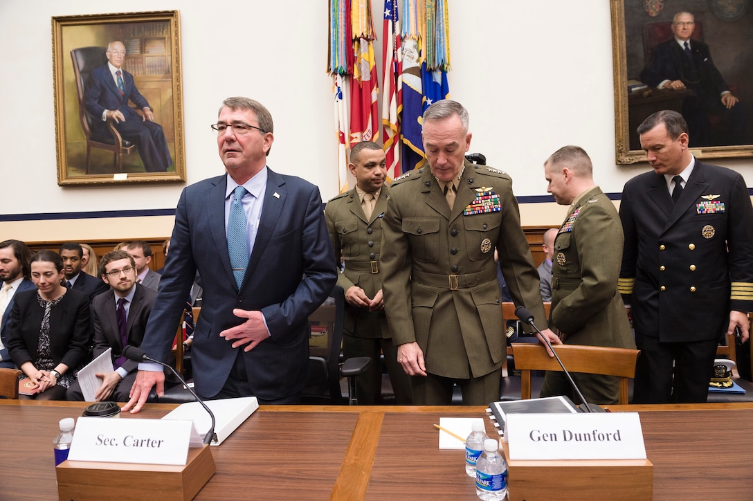 Defense Secretary Ash Carter and Marine Corps Gen. Joseph F. Dunford Jr., chairman of the Joint Chiefs of Staff, prepare to testify before the House Armed Services Committee in Washington, D.C., Dec. 1, 2015. DoD photo by Army Staff Sgt. Sean Harp