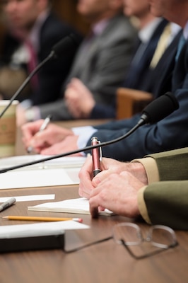 Marine Corps Gen. Joseph F. Dunford, Jr., chairman of the Joint Chiefs of Staff, testifies alongside Secretary of Defense Ash Carter, during a House Armed Services Committee hearing on Capitol Hill, Dec. 1, 2015.