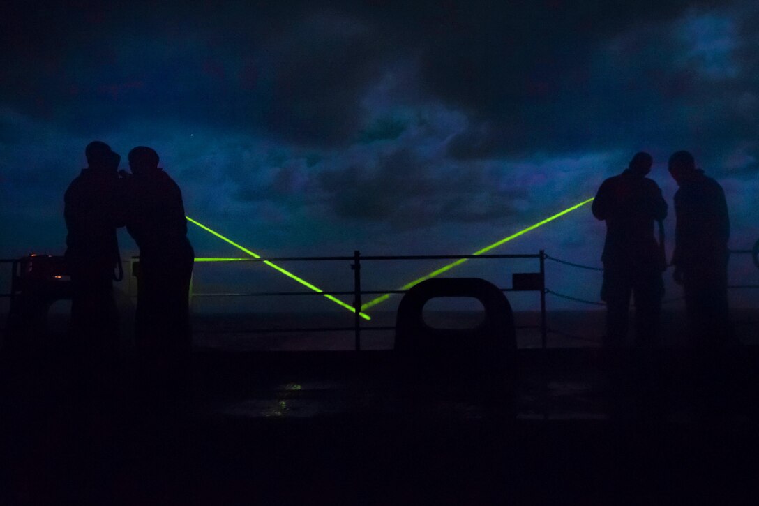 U.S. sailors train with the LA9/P laser hail and warning system on the fantail of the USS Harry S. Truman in the Atlantic Ocean, Nov. 28, 2015. U.S. Navy photo by Petty Officer 3rd Class J.R. Pacheco