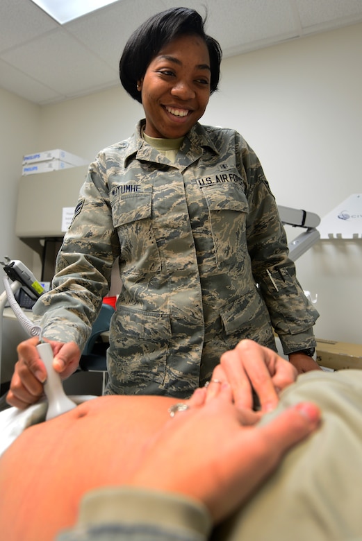 U.S. Air Force Senior Airman Raviro Mutuhme, an aerospace medical service technician assigned to the 633rd Medical Group, monitors a fetal heart rate during a Women’s Health Clinic appointment at Langley Air Force Base, Va., Nov. 23, 2015. Fetal heart rate monitoring is performed to check the fetus’ condition and to alert medical staff of any possible complications. (U.S. Air Force photo by Senior Airman Aubrey White)