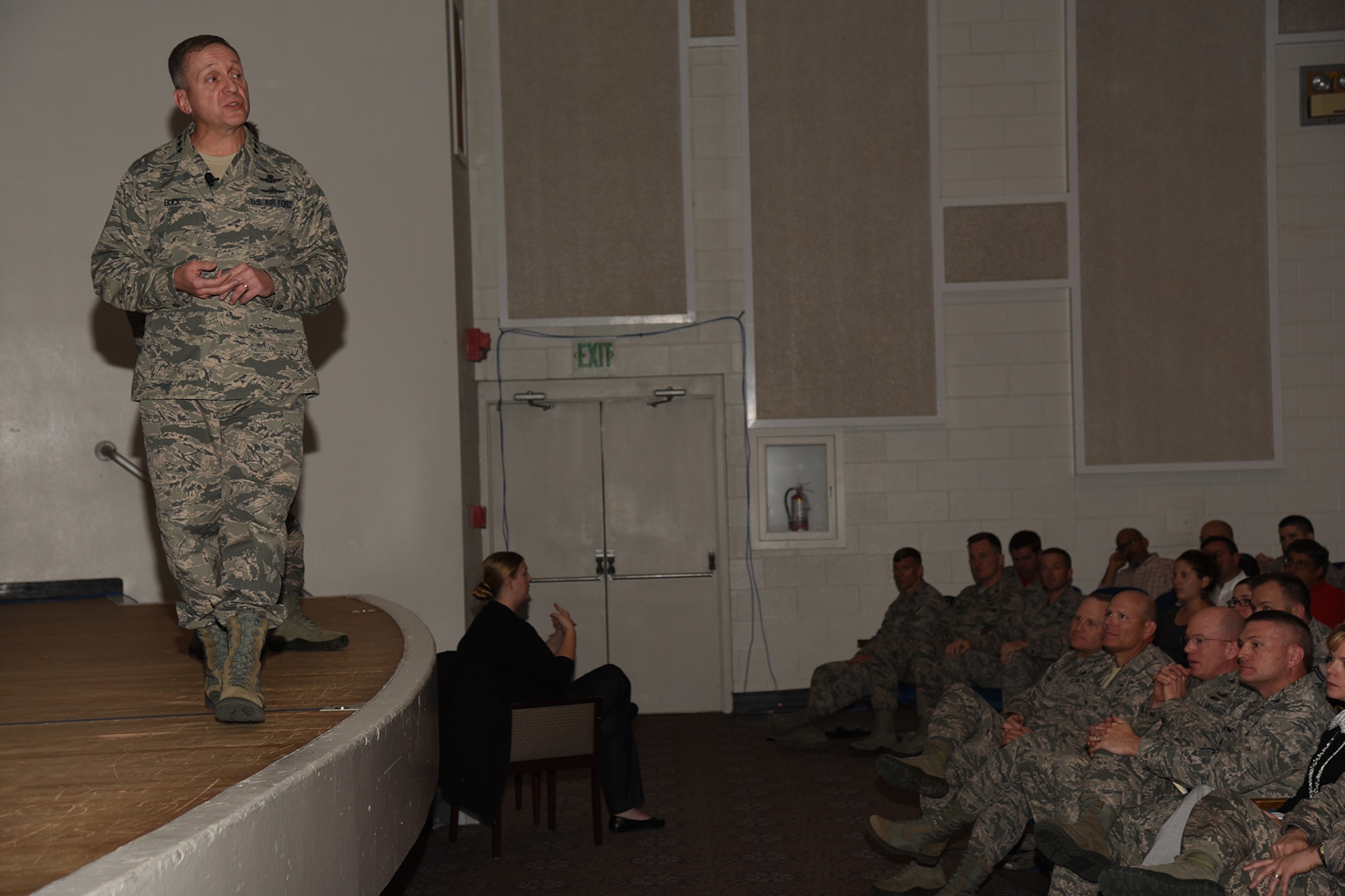 PETERSON AIR FORCE BASE, Colorado - Lt. Gen. David J. Buck, commander, 14th Air Force (Air Forces Strategic), Air Force Space Command; and commander, Joint Functional Component Command for Space, U.S. Strategic Command, speaks to a packed auditorium about creating a culture of mutual respect within the Air Force family, and the necessity of maintaining space superiority. Buck visited several 21st Space Wing organizations, including Cheyenne Mountain Air Force Station, in addition to the all call during his inaugural visit to Peterson Air Force Base since taking command in August 2015. (U.S. Air Force photo by Robb Lingley)