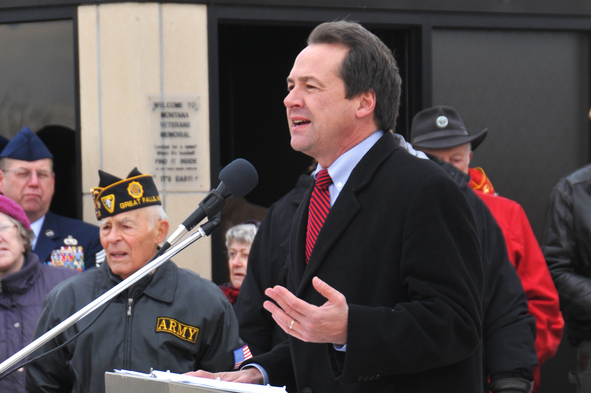 Montana Governor Steve Bullock speaks to the citizens gathered during the Veterans Day ceremony held at the Montana Veterans Memorial in Great Falls, Mont., Nov. 11, 2015. (U.S. Air National Guard photo by Senior Master Sgt. Eric Peterson/Released)

