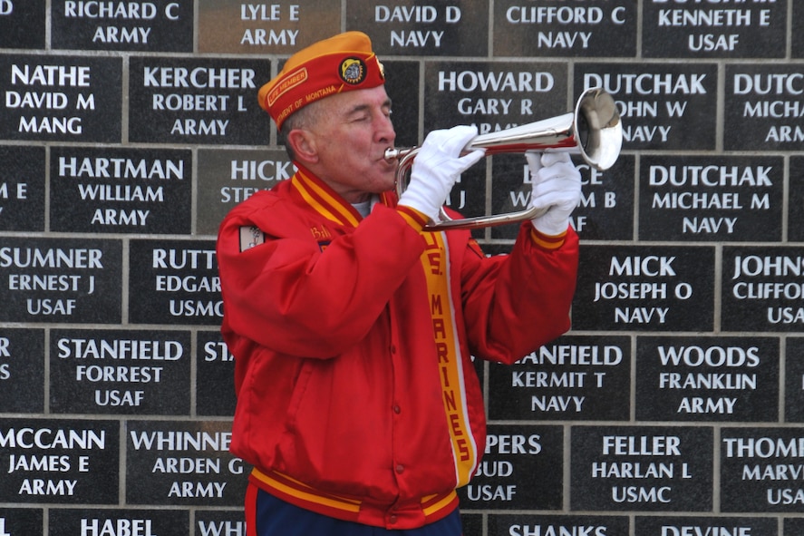 A member of the Marine Corps League plays Taps at the conclusion of the Veterans Day ceremony held at the Montana Veterans Memorial in Great Falls, Mont., Nov. 11, 2015. (U.S. Air National Guard photo by Senior Master Sgt. Eric Peterson/Released)
