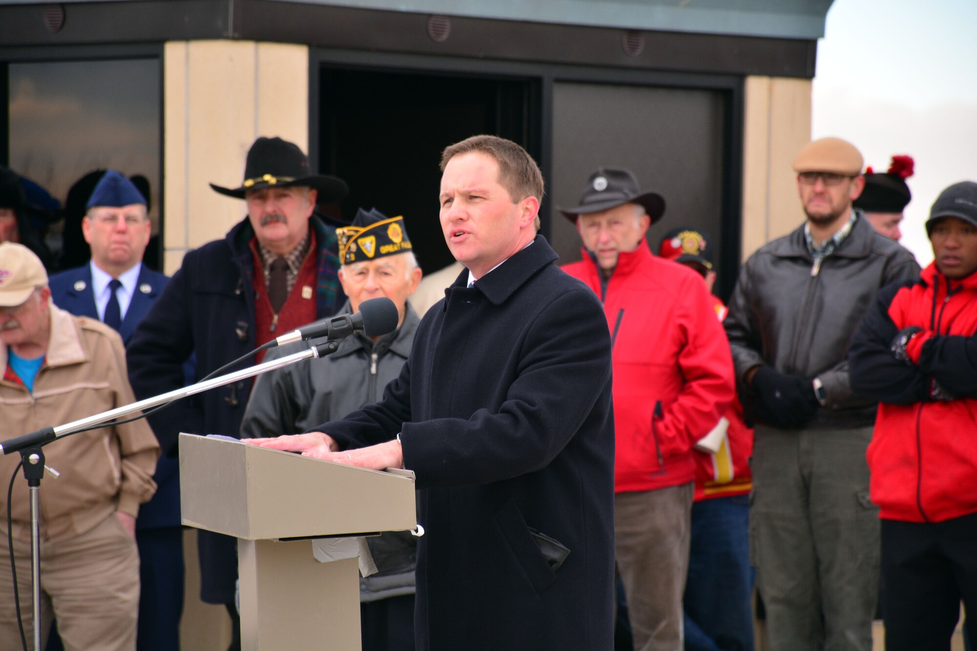 Montana 8th District Court Judge Gregory Pinski speaks to the citizens gathered during the Veterans Day ceremony held at the Montana Veterans Memorial in Great Falls, Mont., Nov. 11, 2015. (U.S. Air National Guard photo by Senior Master Sgt. Eric Peterson/Released)