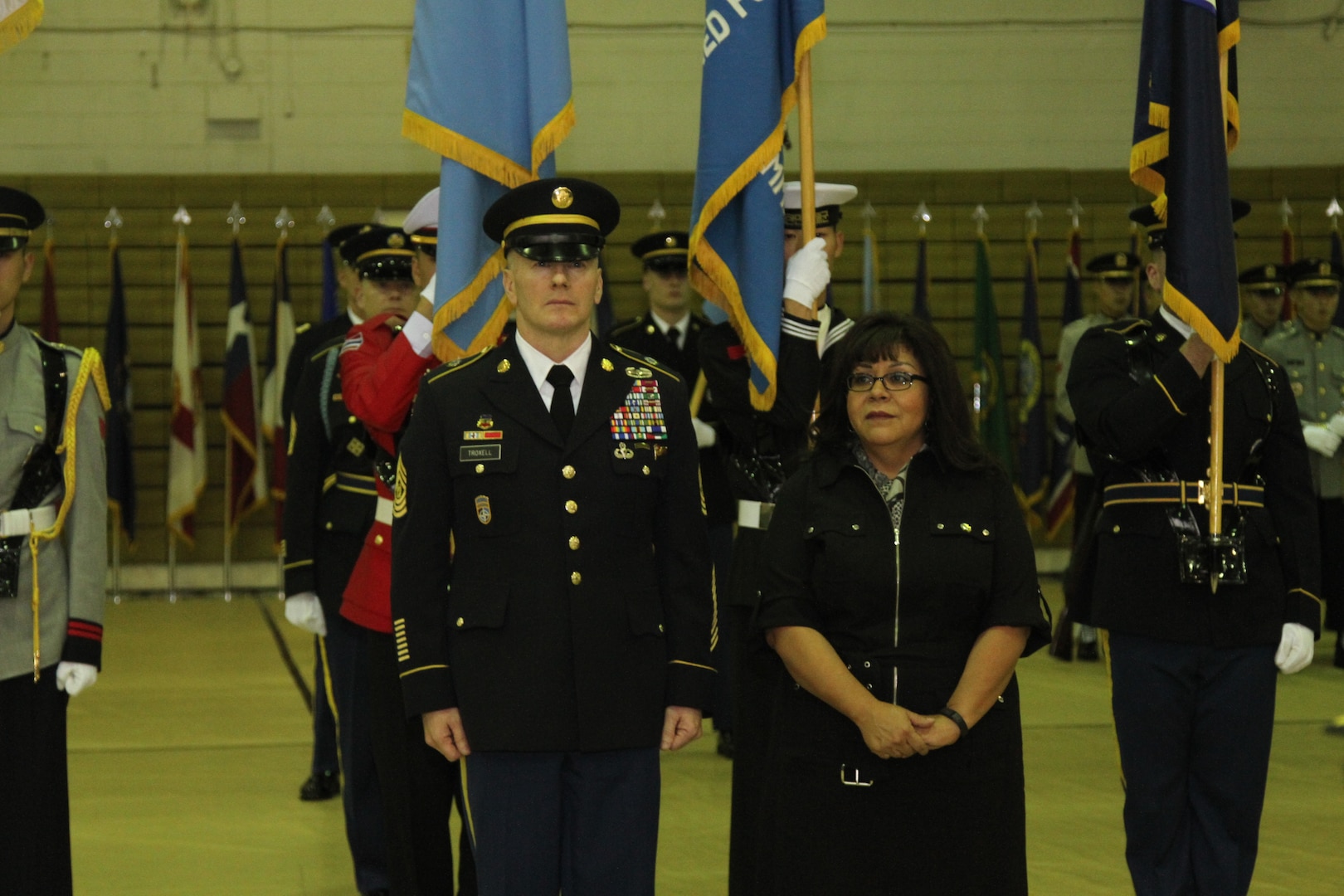 United States Forces Korea Command Sgt. Maj. John Troxell stands with his wife, Sandra Troxell, during his outgoing ceremony on U.S. Army Garrison Yongsan on December 2, 2015. Troxell was selected to become the 20th Senior Enlisted Advisor to the Chief of Staff. (U.S. Army photo by Cpl. Choi, Woo-hyuk)