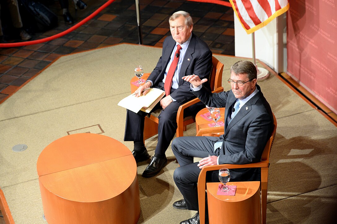 Defense Secretary Ash Carter, right, discussed national defense issues and the force of the future and took questions from students during a moderated conversation at the John F. Kennedy Jr. Forum at Harvard University’s Institute of Politics in Cambridge, Mass., Dec. 1, 2015.  Graham Allison, left, director of the Belfer Center and Douglas Dillon Professor of Government served as the moderator.  DoD photo by U.S. Army Sgt. 1st Class Clydell Kinchen