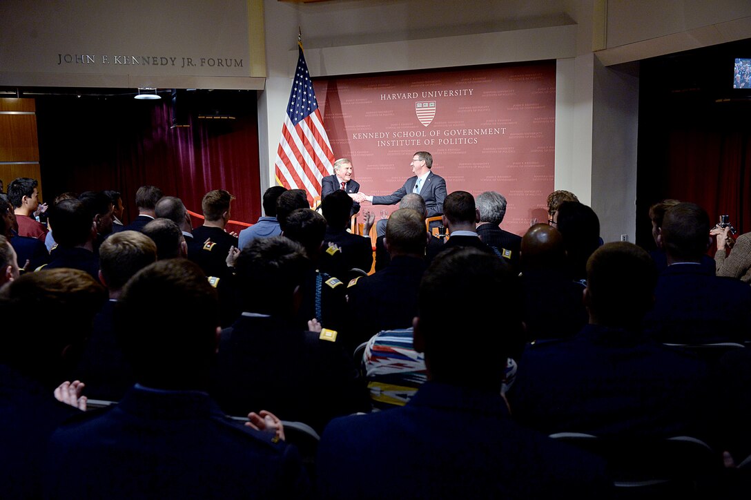 Defense Secretary Ash Carter, right, discussed national defense issues and the force of the future and took questions from students during a moderated conversation at the John F. Kennedy Jr. Forum at Harvard University’s Institute of Politics in Cambridge, Mass., Dec. 1, 2015.  Graham Allison, left, director of the Belfer Center and Douglas Dillon Professor of Government served as the moderator.  DoD photo by U.S. Army Sgt. 1st Class Clydell Kinchen