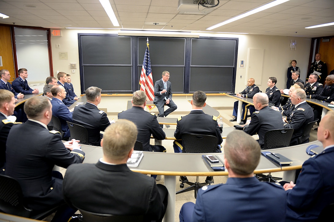 Defense Secretary Ash Carter met with national security fellows and military students at the John F. Kennedy School of Government at Harvard University in Cambridge, Mass., Dec. 1, 2015. DoD photo by U.S. Army Sgt. 1st Class Clydell Kinchen