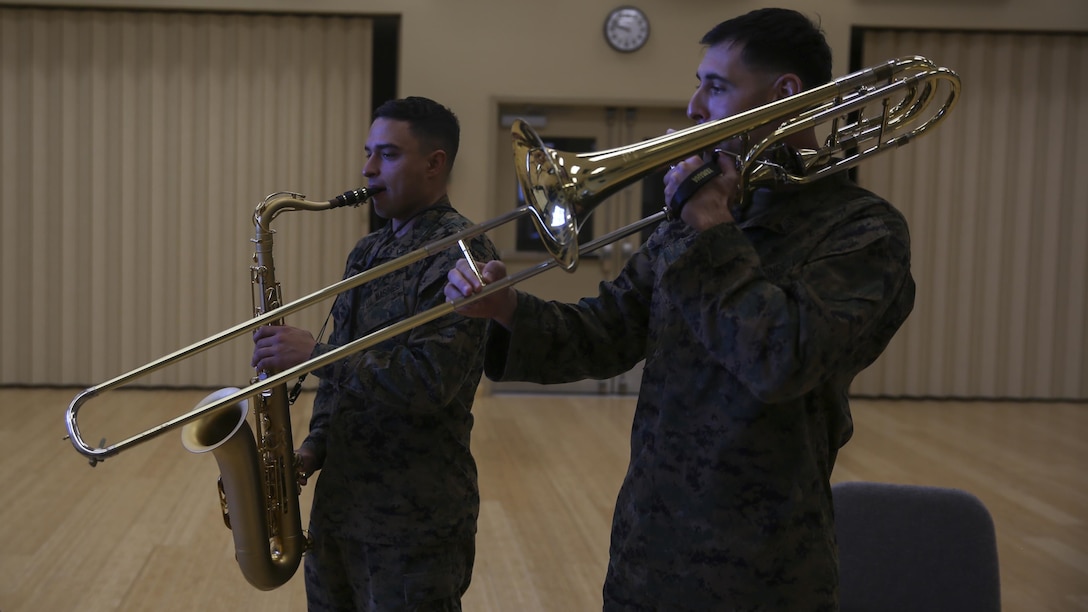 Staff Sgt. Alexander Panos, a trombone player with the 1st Marine Division Band, rehearses alongside his fellow Marines aboard Marine Corps Base Camp Pendleton, Nov. 23, 2015. Panos was recognized as the Marine Corps Musician of the Year Award for 2015