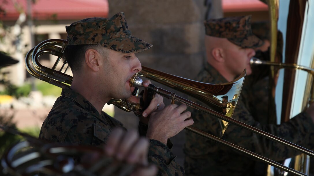 Staff Sgt. Alexander Panos, a trombone player with the 1st Marine Division Band, rehearses alongside his fellow Marines aboard Marine Corps Base Camp Pendleton, Nov. 23, 2015. Panos was recognized as the Marine Corps Musician of the Year Award for 2015.