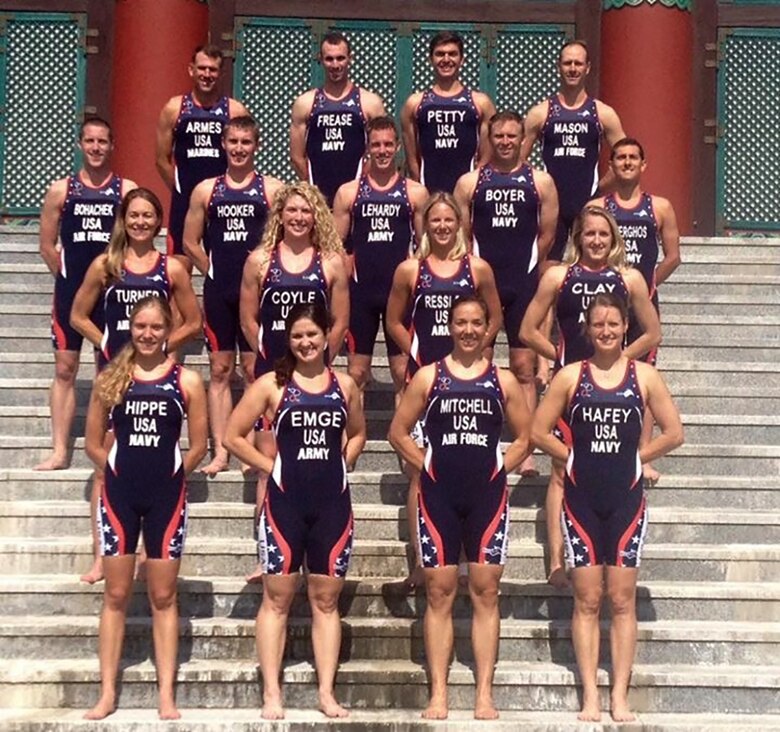 Maj. Jamie Turner, 317th Airlift Squadron C-17 pilot, (first from left in second row) earned a bronze medal with her team at the 6th Conseil International du Sport Militaire (CISM) Military World Games, held October 2-11, 2015 in Mungyeong, Korea.   (Courtesy Photo)