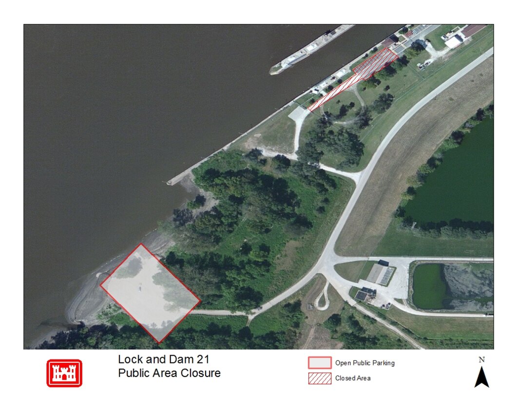 Map of Lock and Dam 21 winter closure and alternate parking space.