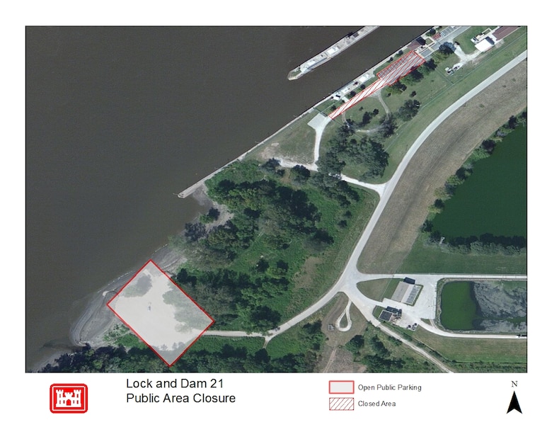 Map of Lock and Dam 21 winter closure and alternate parking space.