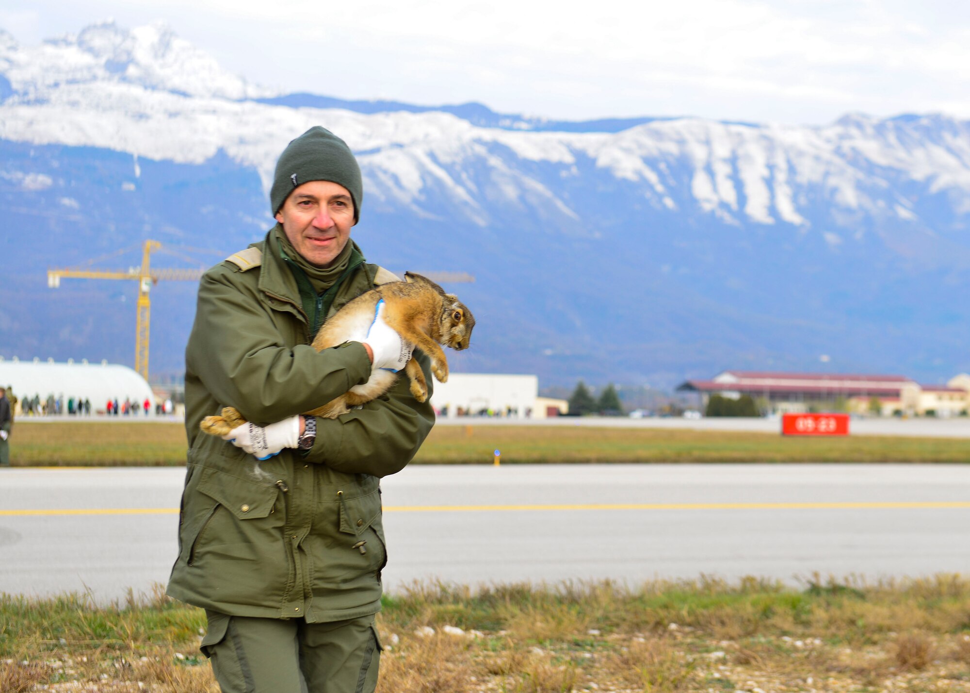 An Italian State Forestry Corps member takes a rabbit to a crate for later relocation during a “Rabbit Roundup” event, Nov. 25, 2015, at Aviano Air Base, Italy. The Forestry Corps personnel, who are similar to game wardens or wildlife protectors, and about 300 U.S. and Italian volunteers relocated 26 rabbits to a safe area off base. (U.S. Air Force photo/Airman 1st Class Cary Smith)