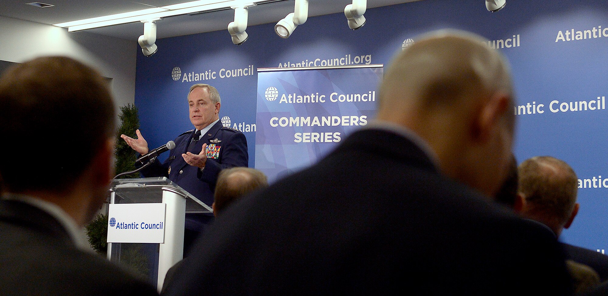 Air Force Chief of Staff Gen. Mark A. Welsh III speaks to an audience attending part of the Atlantic Council's Commanders Series during a breakfast meeting in Washington, D.C., Dec. 1, 2015. During his comments, Welsh stated, "We're not building an Air Force for ourselves. We're building an Air Force to meet combatant commanders' requirements." (U.S. Air Force photo/Scott M. Ash)