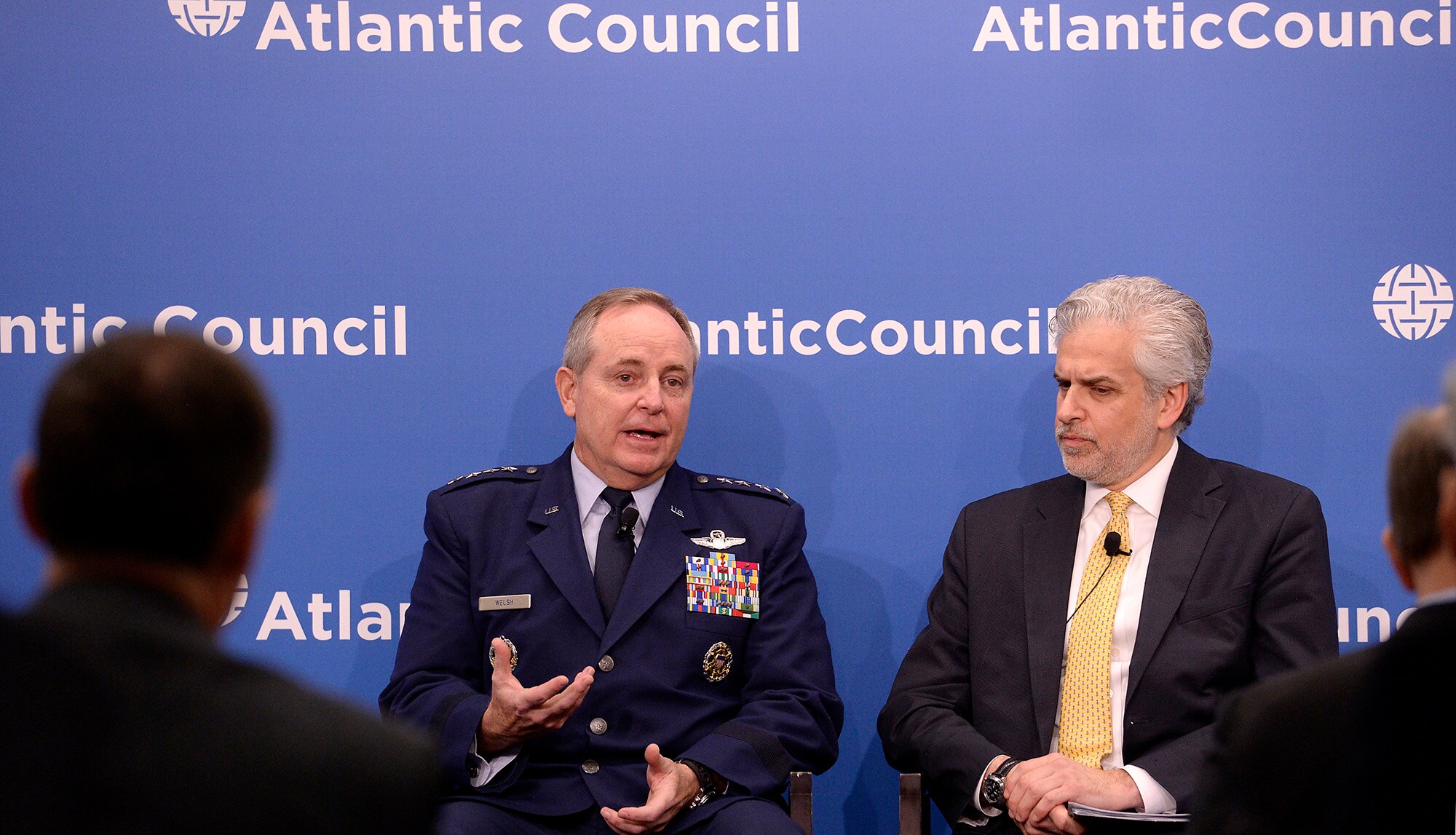 Air Force Chief of Staff Gen. Mark A. Welsh III, moderated by Barry Pavel, the vice president of the Atlantic Council, speaks to an audience attending part of the council's Commanders Series during a breakfast meeting in Washington, D.C., Dec. 1, 2015. During his comments, Welsh said, "We're not building an Air Force for ourselves. We're building an Air Force to meet combatant commanders' requirements." (U.S. Air Force photo/Scott M. Ash)