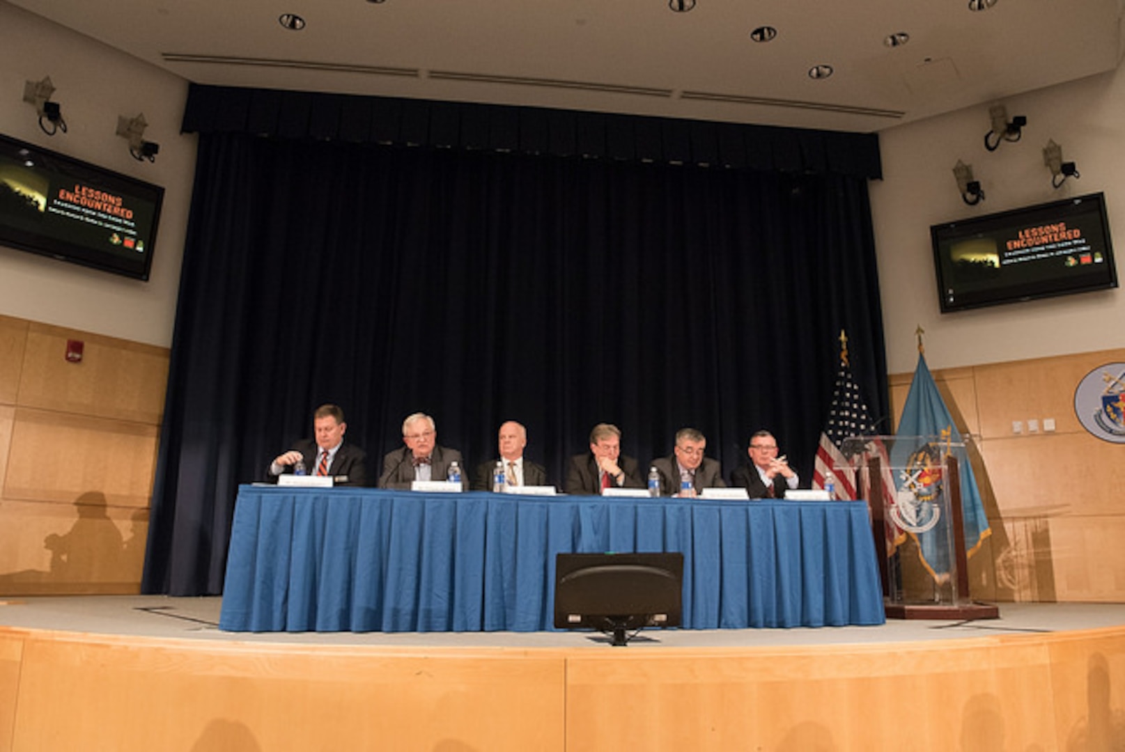 The book launch event featured a panel composed of of the book's six chapter authors: (L-R) Dr. Rich Hooker, Dir., Research & Strategic Support, and Dir., INSS; Dr. Nicholas Rostow, Distinguished Research Fellow, INSS Center for Strategic Research (CSR); Dr. TX Hammes, Distinguished Research Fellow, CSR; Dr. Christopher Lamb, Dep. Dir., INSS, and Senior Dir., CSR; Frank Hoffman, Senior Research Fellow, CSR; and Dr. Joseph Collins, Dir., INSS Center for Complex Operations.