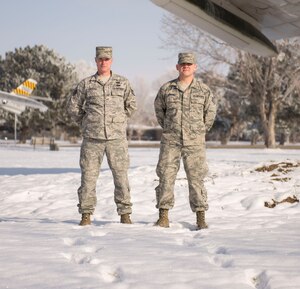Staff Sgts. John Goodsell and David Jensen, ground radar technicians with the 266th Range Squadron, pose for a photo, Dec. 1, 2015, at Mountain Home Air Force Base, Idaho.  The men’s teamwork played a critical role in saving the life of a car crash victim. (U.S. Air Force photo by Airman 1st Class Jessica H. Evans/RELEASED)