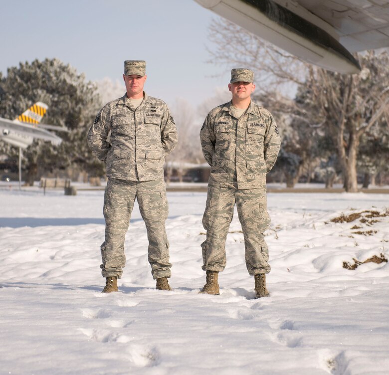 Staff Sgts. John Goodsell and David Jensen, ground radar technicians with the 266th Range Squadron, pose for a photo, Dec. 1, 2015, at Mountain Home Air Force Base, Idaho.  The men’s teamwork played a critical role in saving the life of a car crash victim. (U.S. Air Force photo by Airman 1st Class Jessica H. Evans/RELEASED)