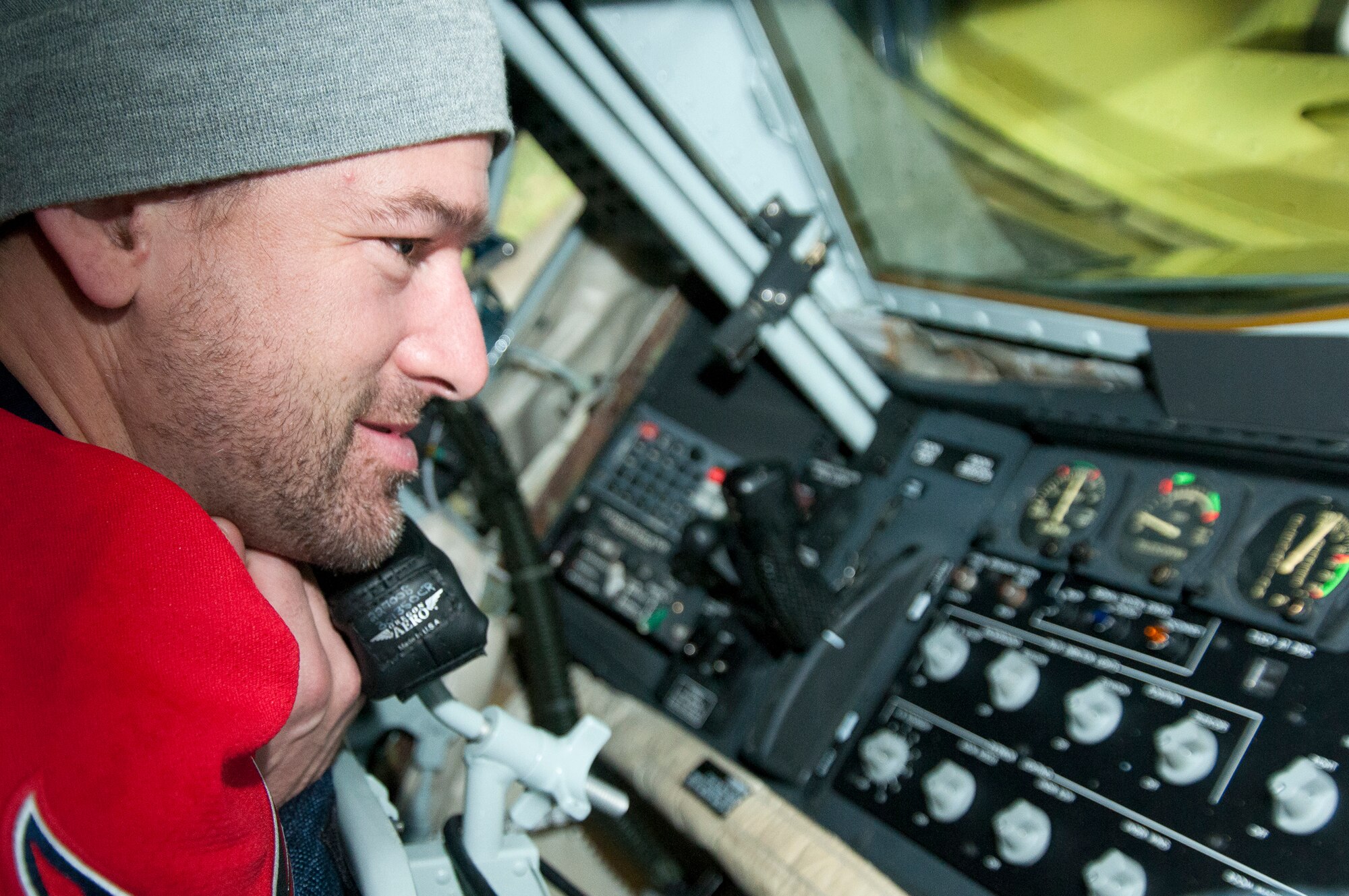 Justin Williams, Washington Capitals right forward, observes the control panel for the refueling boom inside the boom pod of a 459th Air Refueling Wing KC-135R Stratotanker on the Joint Base Andrews, Md., flight line Dec. 1, 2015.  The Capitals visited JBA to learn about the Air Force mission here. They observed special performances by the U.S. Air Force band Max Impact, Honor Guard, 11th Wing Explosive Ordnance Disposal, as well as static displays from the 459 ARW, 1st Helicopter Squadron and 113th Wing, Air National Guard. (U.S. Air Force photo by Staff. Sgt. Kat Justen)