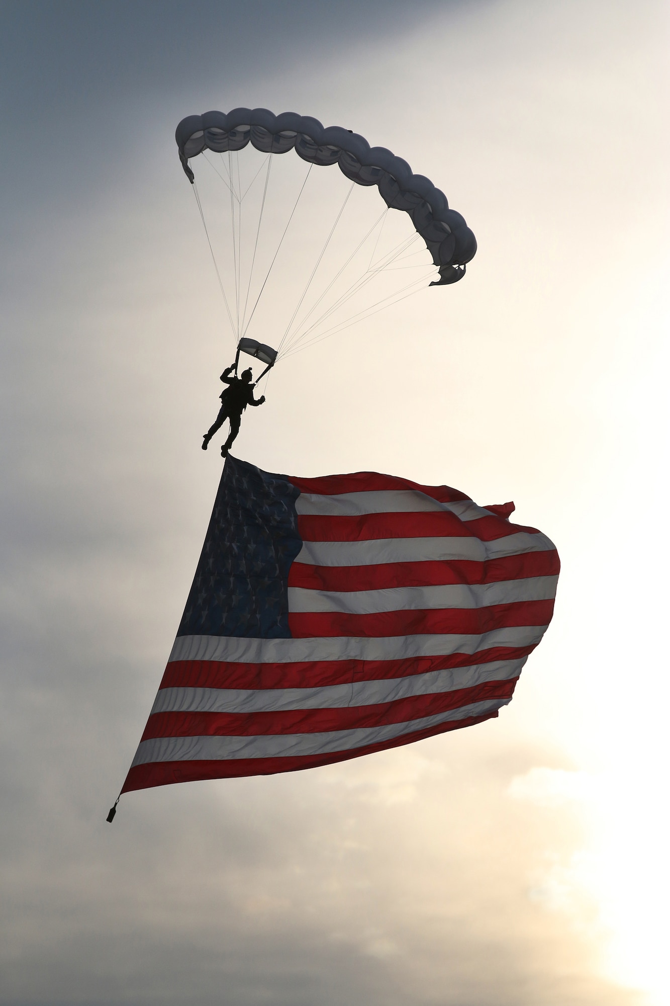 WRIGHT-PATTERSON AIR FORCE BASE, Ohio – One of several parachutists glides over the starting line kicking off the 19th Annual Air Force Marathon held Sept. 19, 2015. The Air Force Marathon is an annual endurance event held the third Saturday of September at Wright-Patterson Air Force Base in Dayton, Ohio. (U.S. Air Force photo /Tech. Sgt. Patrick O’Reilly)