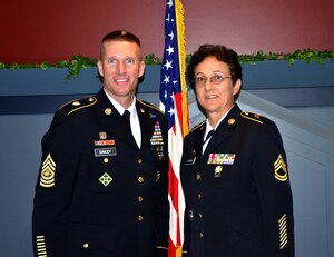 U.S. Army Sgt. Maj. of the Army Daniel A. Dailey, left, and Sgt. 1st Class Donna Schwan, Training and Doctrine Command, Maneuver Center of Excellence Army Reserve component career counselor, pose together during the Secretary of the Army Career Counselor of the Year Competition at District of Columbia. Schwan represented TRADOC and competed in different intellectually and physically challenging events awarding her the Component Career Counselor of the Year. (U.S. Army courtesy photo) 