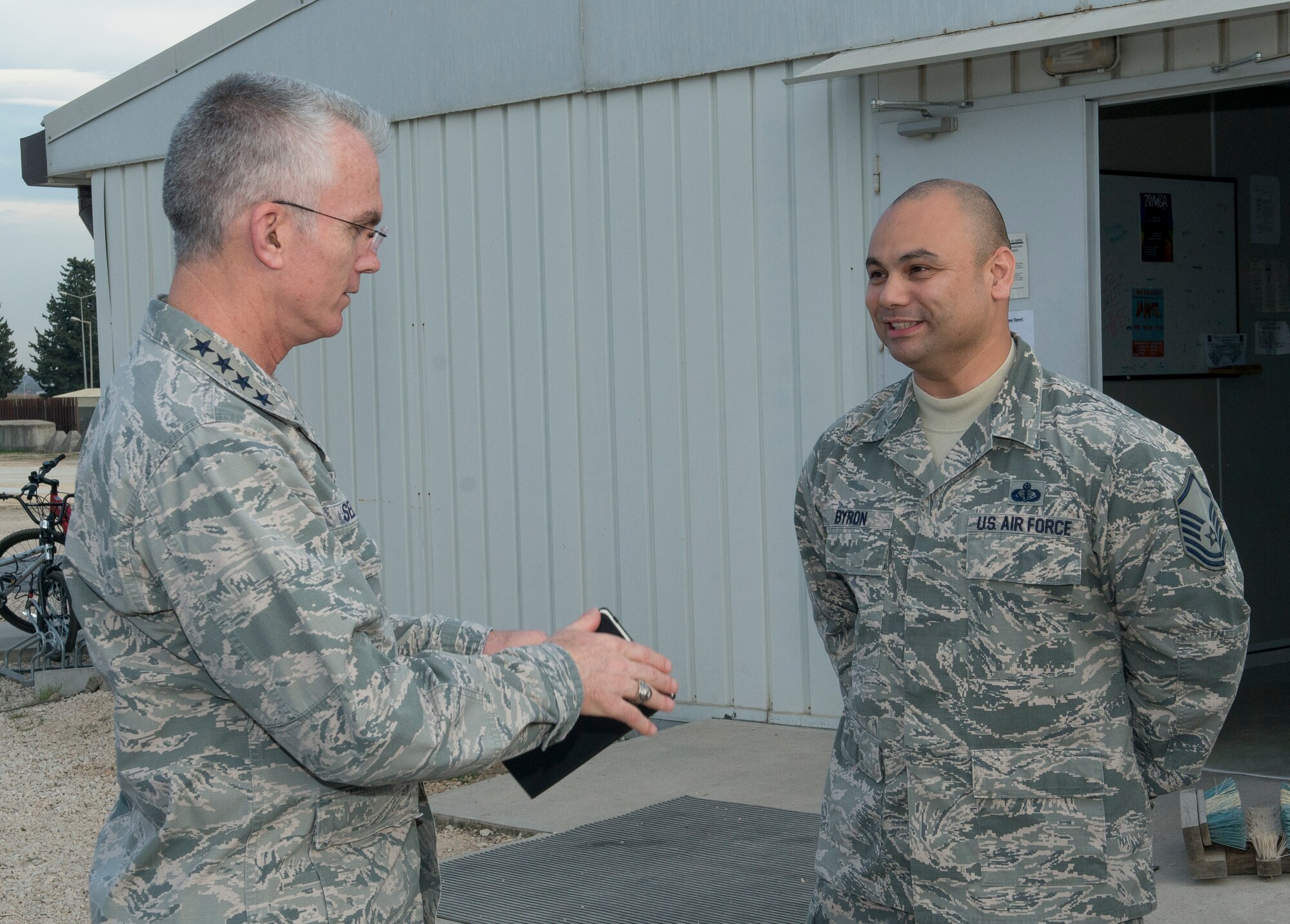 Vice Chairman of the Joint Chiefs of Staff, Gen. Paul J. Selva, speaks with Master Sgt. Terrance Byron, 39th Force Support Squadron Sustainment Services flight superintendent, during a base tour Nov. 25, 2015, at Incirlik Air Base, Turkey. As part of his visit the general received a tour of housing and dining facilities for deployed personnel supporting Operation Inherent Resolve. (U.S. Air Force photo by Staff Sgt. Eboni Reams/Released)
