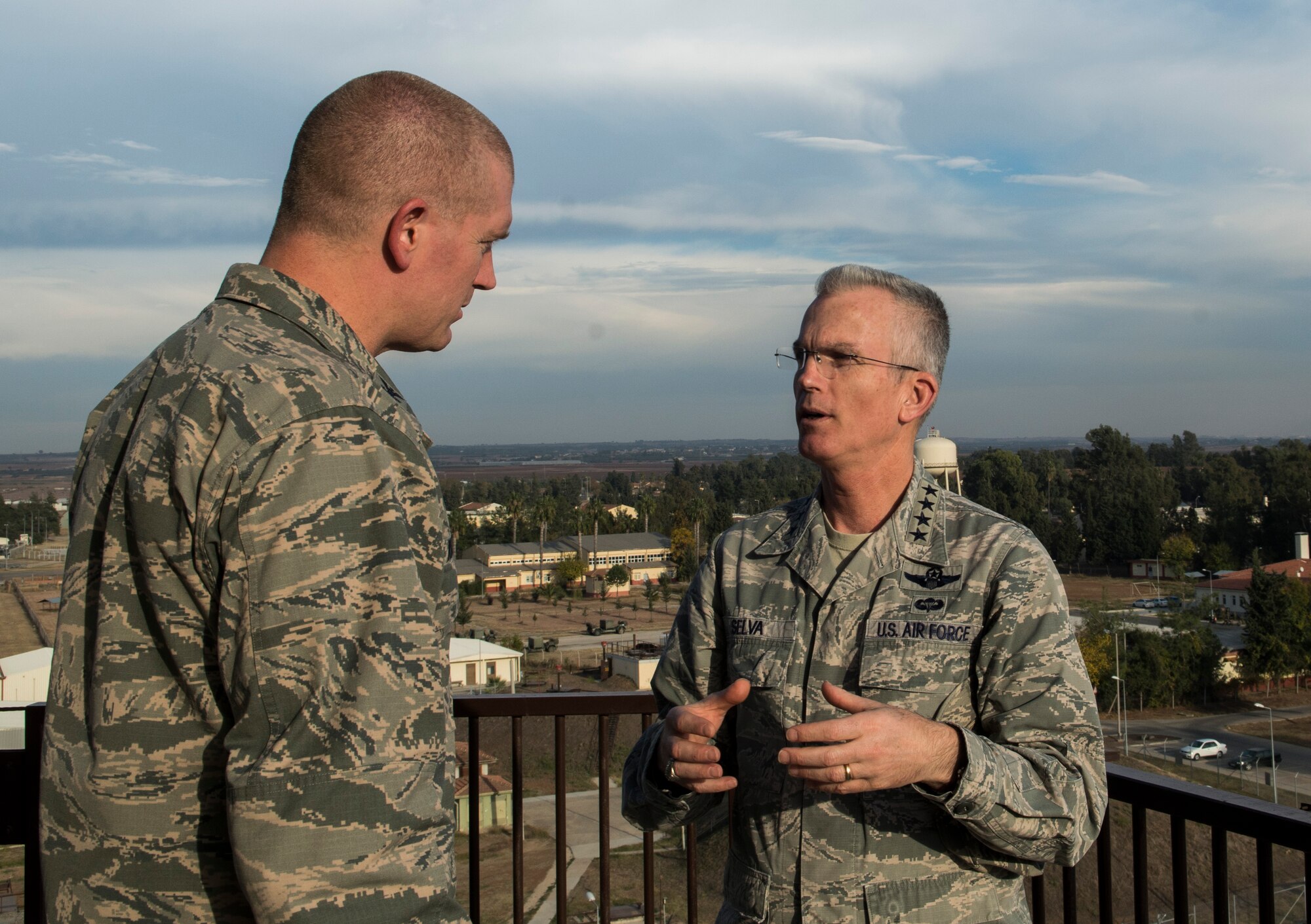 Gen. Paul J. Selva, Vice Chairman of the Joint Chiefs of Staff, speaks and Col. John Walker, 39th Air Base Wing commander, discuss airfield management during a base tour Nov. 25, 2015, at Incirlik Air Base, Turkey. The general visited Incirlik to meet with base leadership, interact with Airmen and garner a better understanding of how the base supports Operation Inherent Resolve. (U.S. Air Force photo by Staff Sgt. Eboni Reams/Released)
