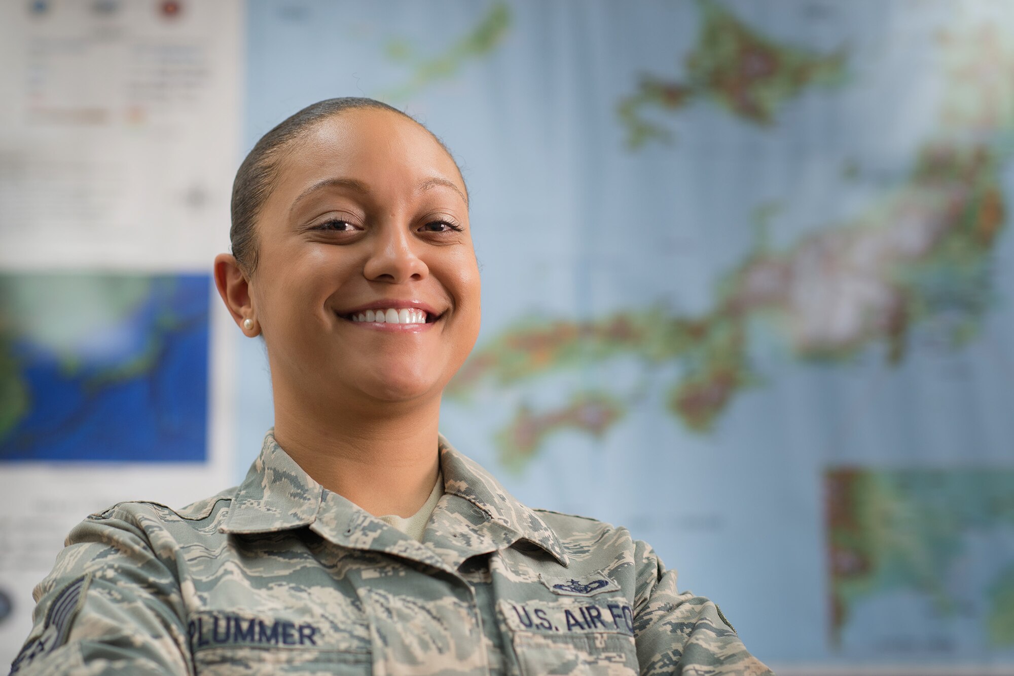 Tech. Sgt. Carla Plummer, 5th Air Forces airfield management representative for Japan
bases, stands in her office Dec. 1, 2015. Plummer was selected to commission through
the Senior Leadership Enlisted Commissioning Program. (U.S. Air Force photo by Staff
Sgt. Cody H. Ramirez/Released)