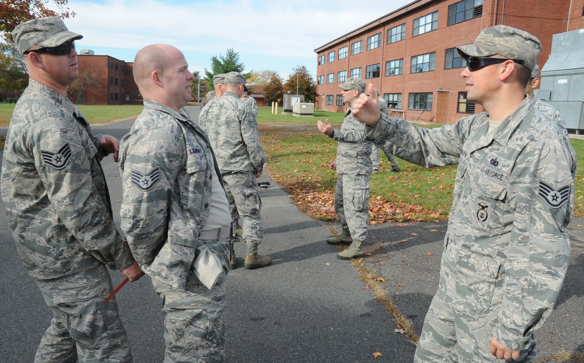 Tech. Sgt. Gorman (right) explains the proper detainment procedures during the Field Craft - Contingency Response proof of concept on Oct. 29, 2015, at Joint Base McGuire-Dix-Lakehurst, New Jersey. Gorman is an instructor assigned to the 421st Combat Training Squadron. The 14-day training course was designed to improve how Contingency Response Airmen are trained in air base opening combat skills. (U.S. Air Force photo/Tech. Sgt. Chris Powell)