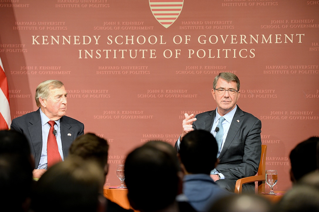 Defense Secretary Ash Carter, right, discussed national defense issues and the force of the future during a moderated conversation at the John F. Kennedy Jr. Forum at Harvard University’s Institute of Politics in Cambridge, Mass., Dec. 1, 2015.  Graham Allison, left, director of the Belfer Center and Douglas Dillon Professor of Government, served as the moderator.  DoD photo by U.S. Army Sgt. 1st Class Clydell Kinchen