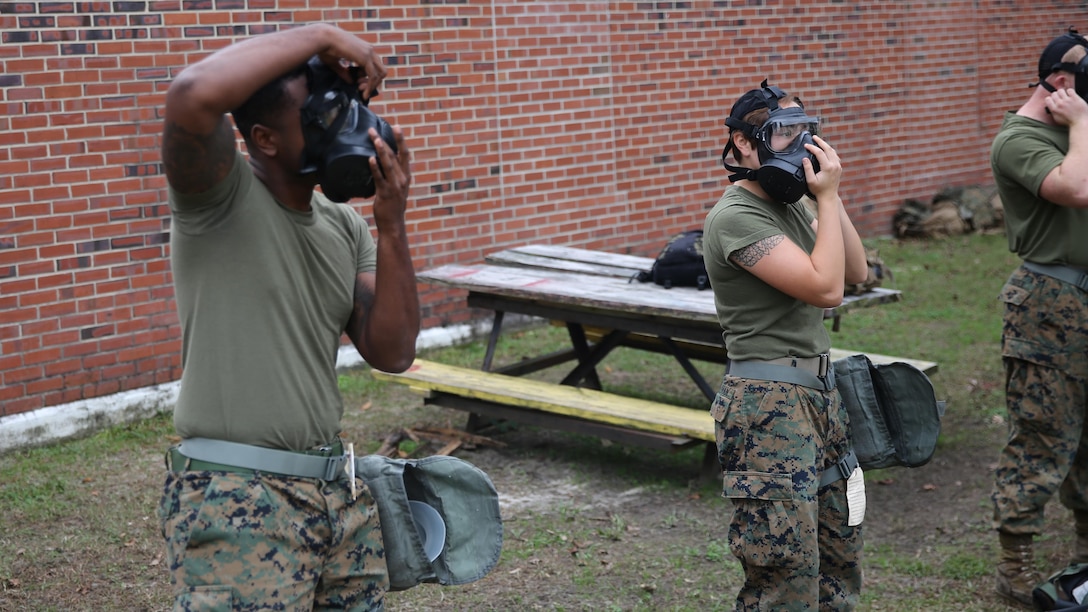 Marines with 2nd Transport Support Battalion test their gas masks and practice clearing the mask during chemical, biological, radioactive and nuclear defense training held at Marine Corps Base Camp Lejeune, N.C., Dec. 1, 2015. Marines applied information obtained in classes about an active chemical threat and the proper protective equipment to decontaminate themselves in a CBRN situation.
