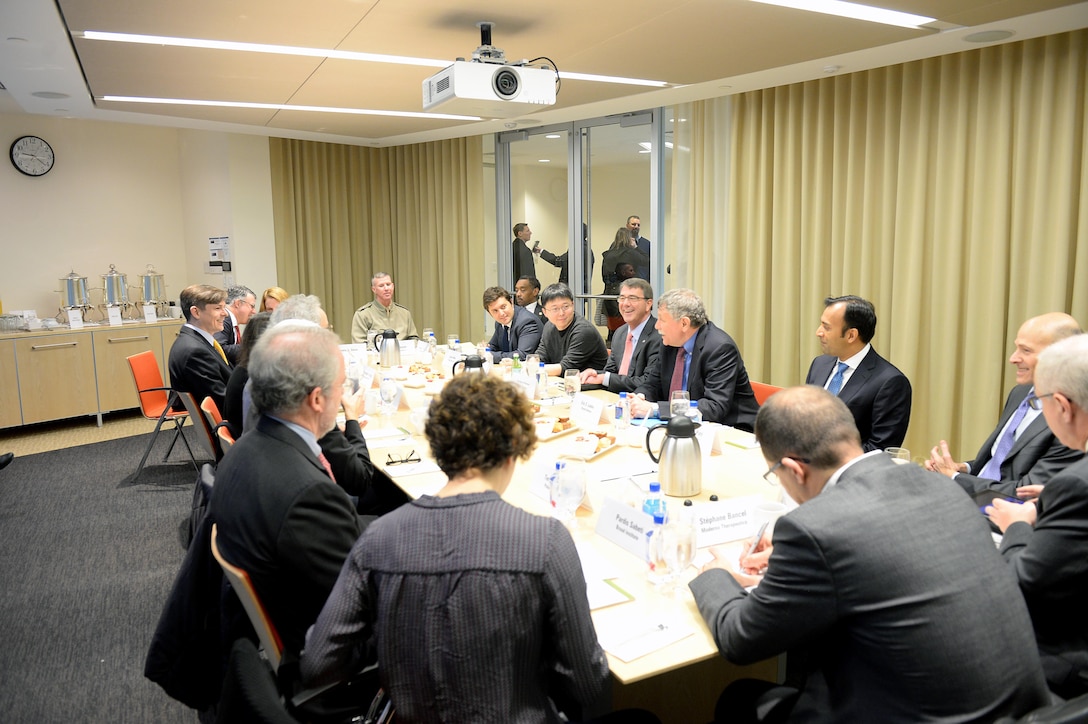 Defense Secretary Ash Carter speaks at the biotech roundtable at the Broad Institute of Massachusetts Institute of Technology and Harvard in Boston, Mass., Dec. 2, 2015. DoD photo by Army Sgt. 1st Class Clydell Kinchen